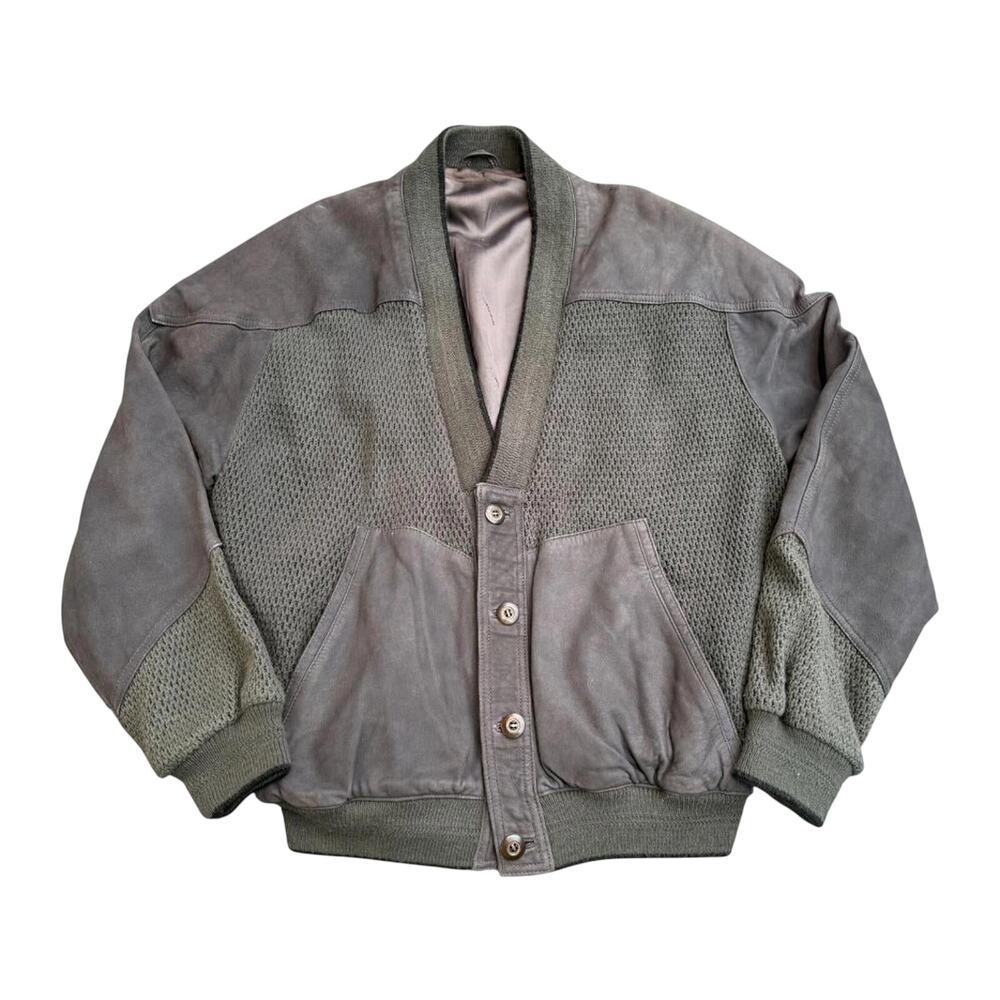 Aquascutum Classic 4 Button Leather Trim Wool Cardigan Jacket Khaki Grey L